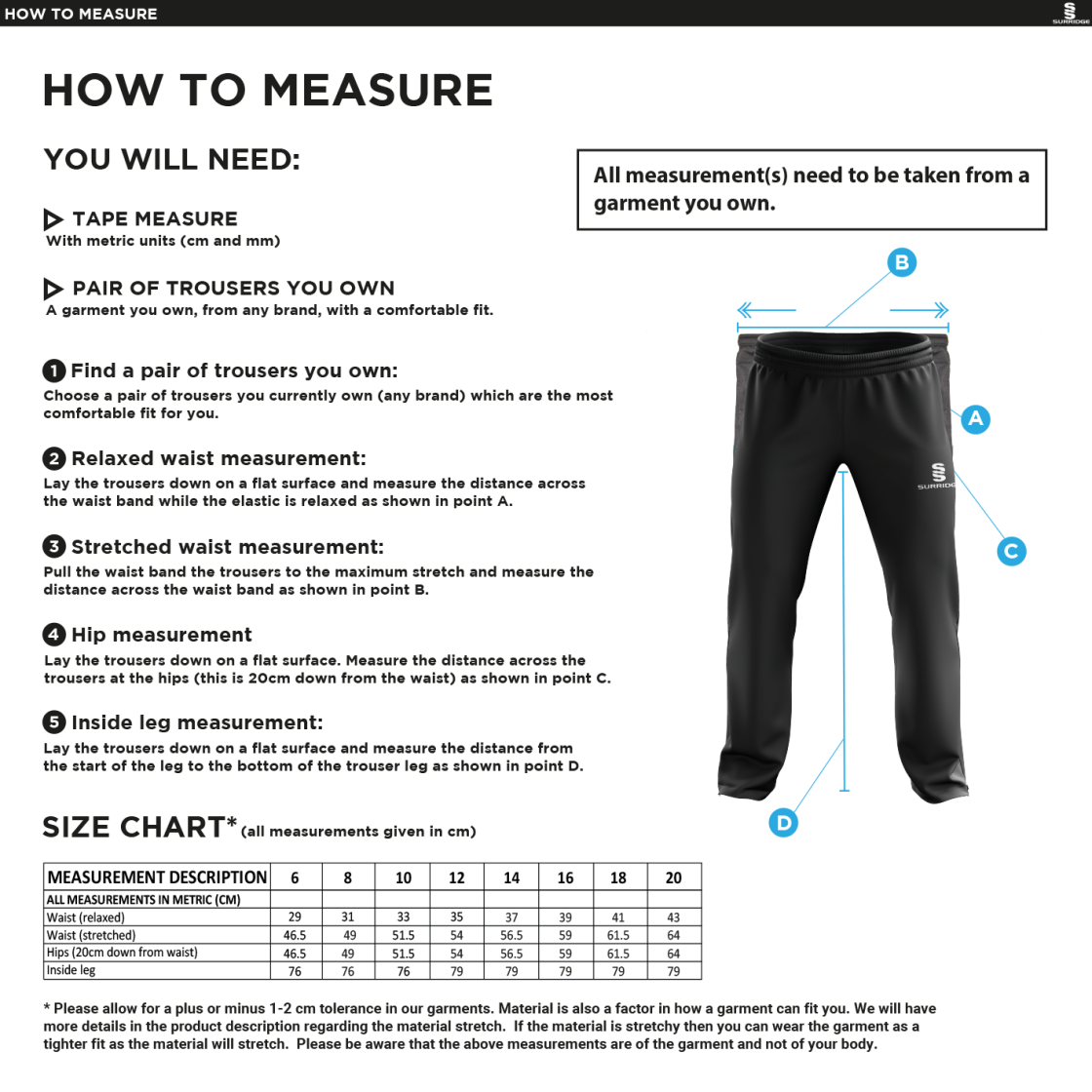 QMU - Women's Ripstop Track Pants - Size Guide