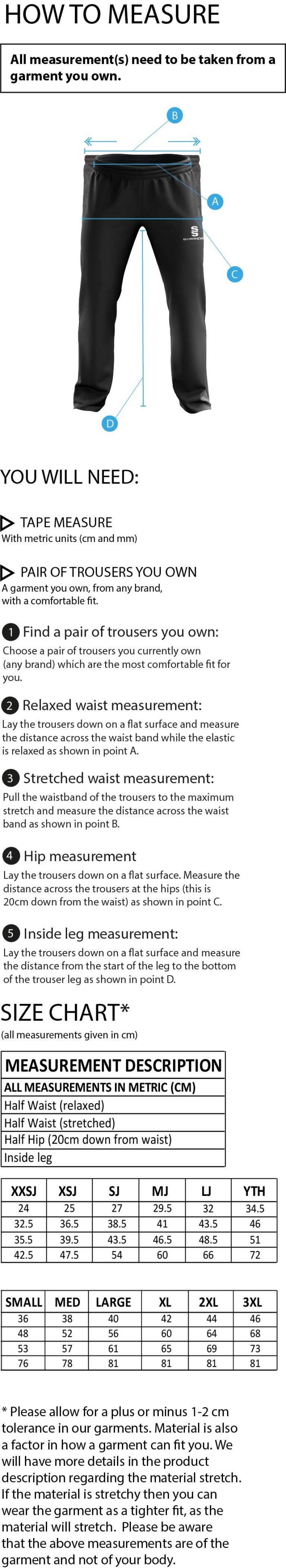 QMU - Dual Poplin Track Pant with Lycra - Unisex Fit - Size Guide