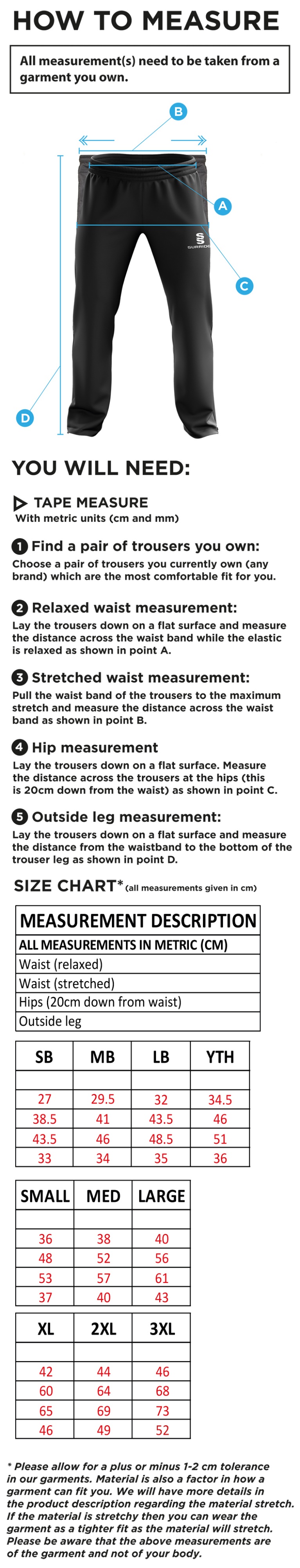 QMU - Men's Ripstop Track Pants - Size Guide