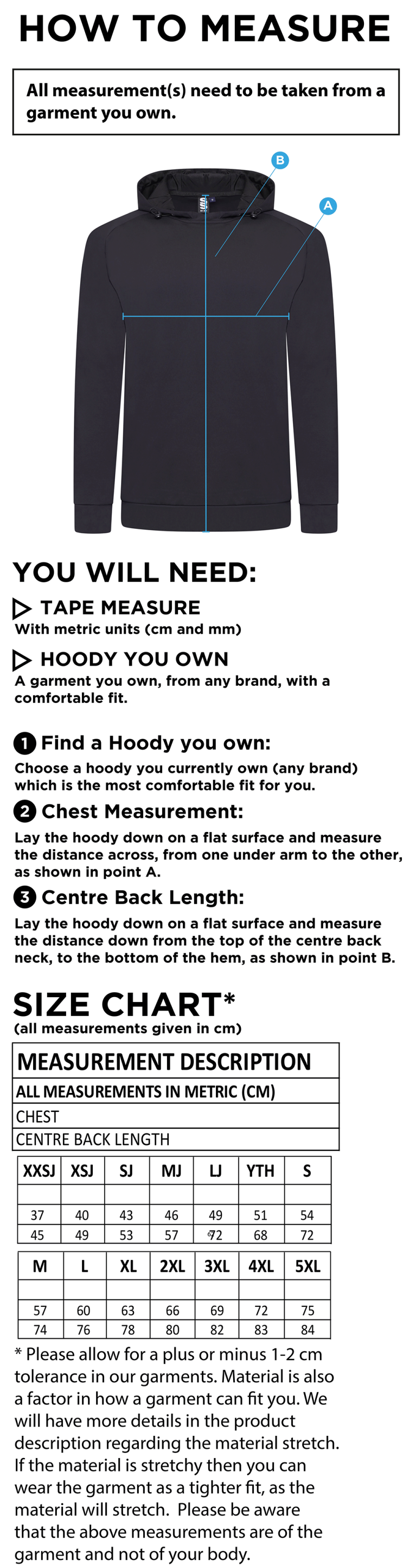 QMU - Active Hoody - Unisex Fit - Size Guide