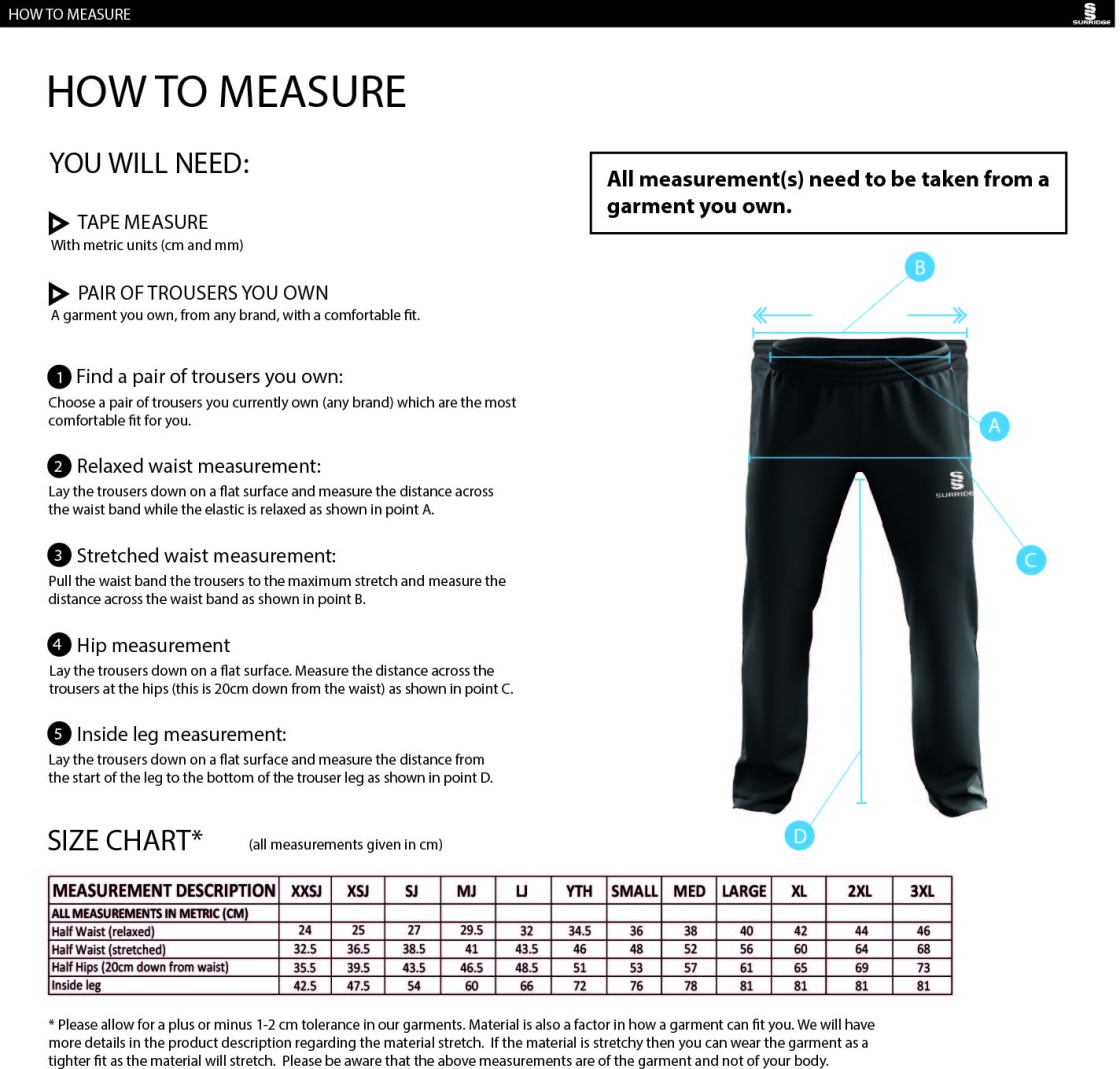 QMU - Dual Poplin Track Pant with Lycra - Unisex Fit - Size Guide