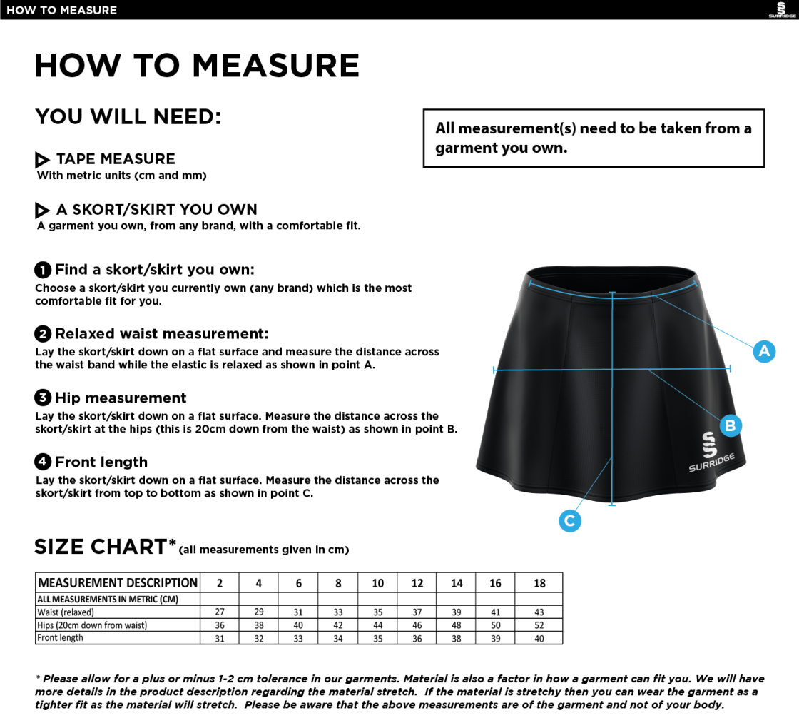 QMU - Blade Skort - Women's Fit - Size Guide