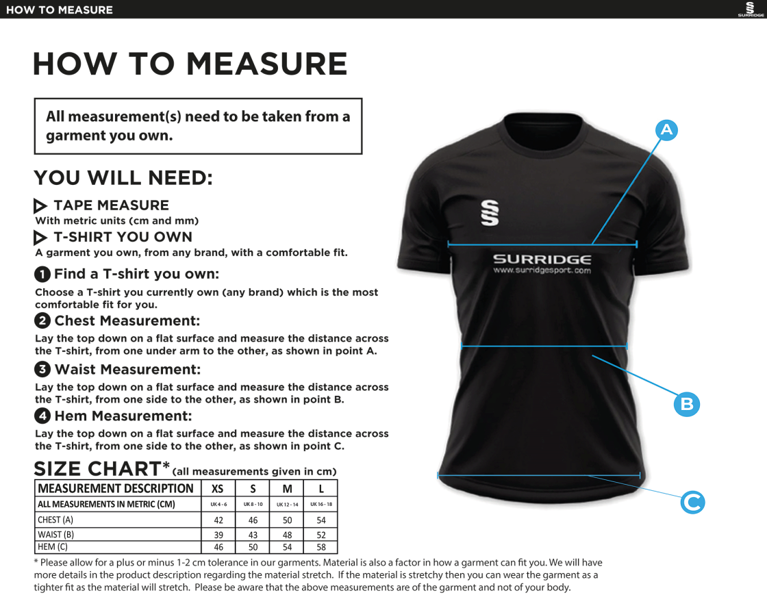 QMU - Impact T-Shirt - Royal - Women's Fit - Size Guide