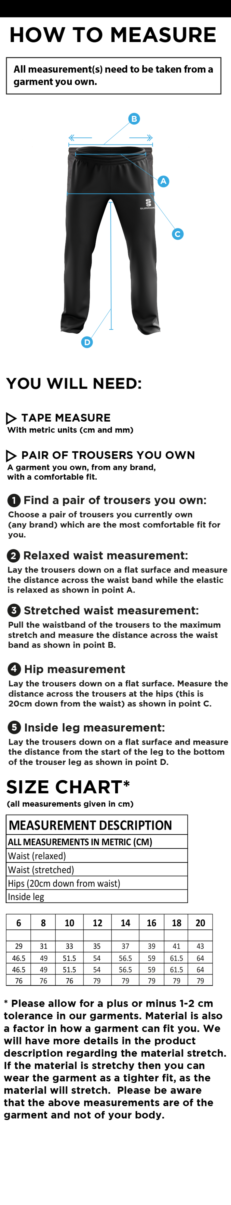 QMU - Women's Ripstop Track Pants - Size Guide