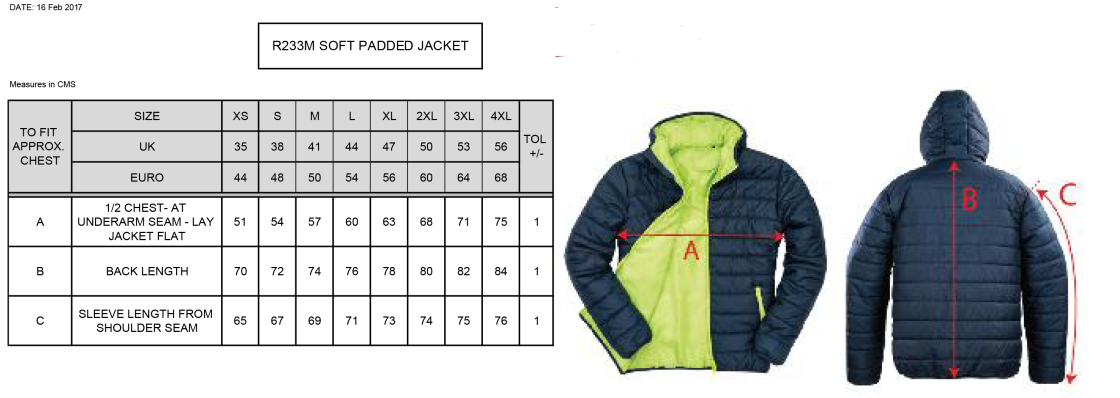 QMU - Padded Jacket - Unisex Fit - Size Guide