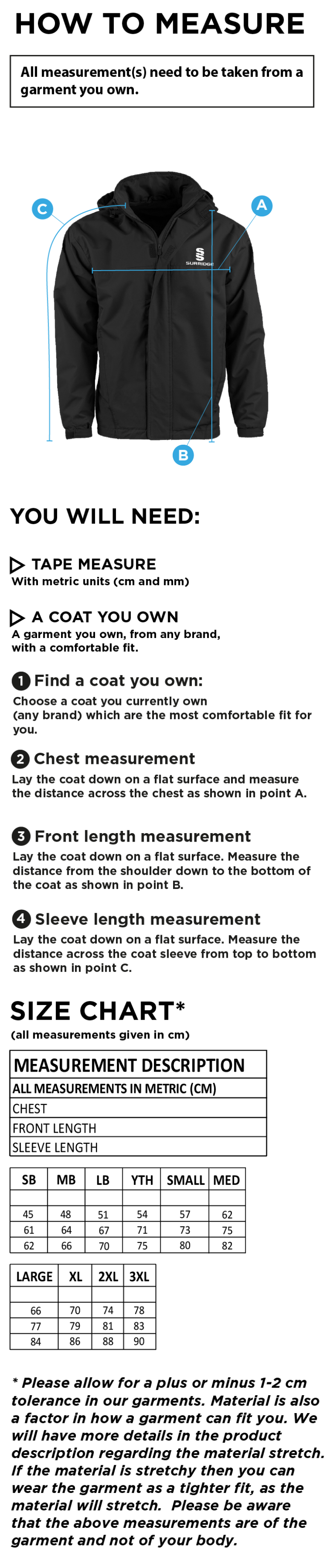 QMU - Lined Jacket - Unisex Fit - Size Guide