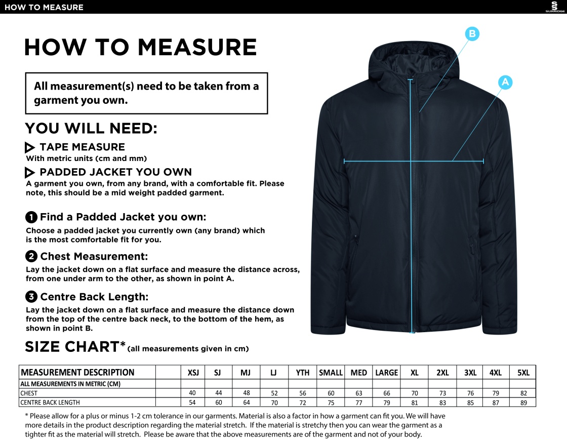 QMU - Active Padded Jacket - Unisex Fit - Size Guide