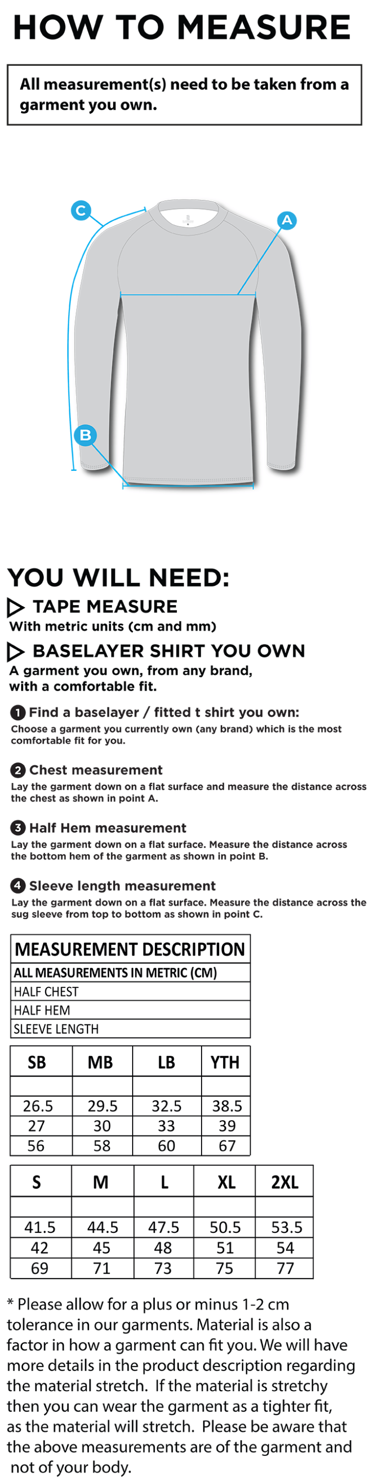 QMU - Dual Long Sleeve Baselayer - Unisex Fit - Size Guide