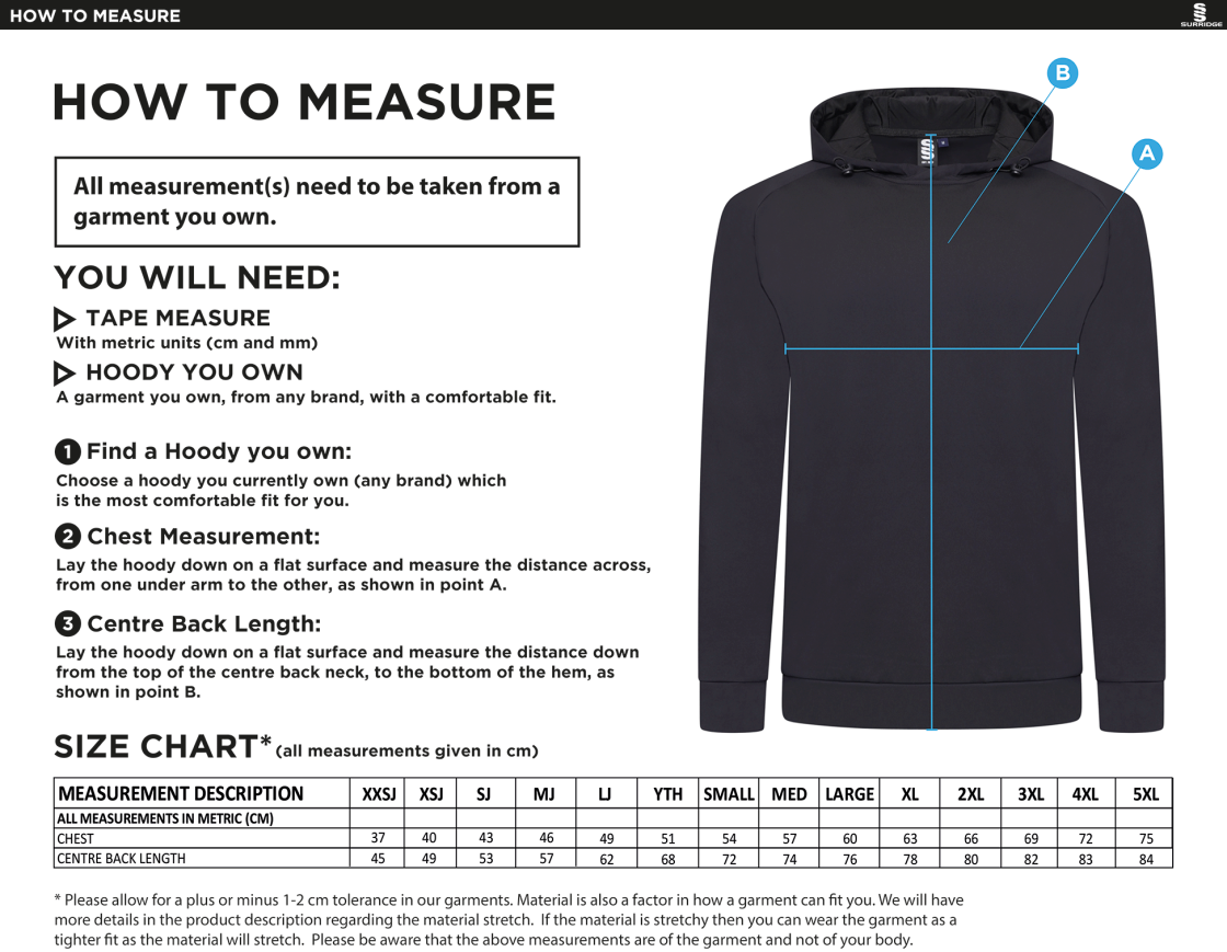 QMU - Active Hoody - Unisex Fit - Size Guide