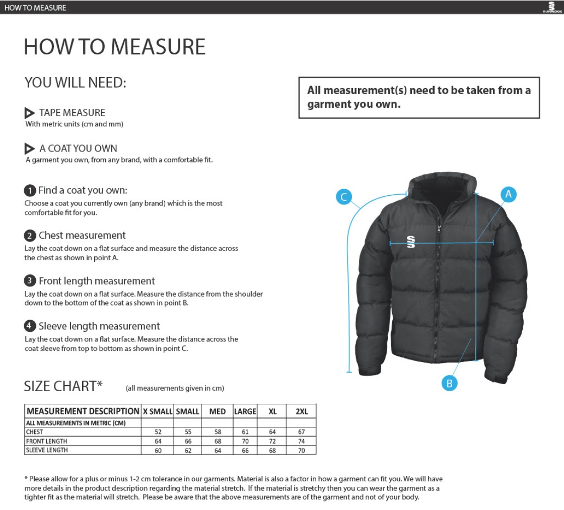 QMU - Puffa Jacket - Women's Fit - Size Guide