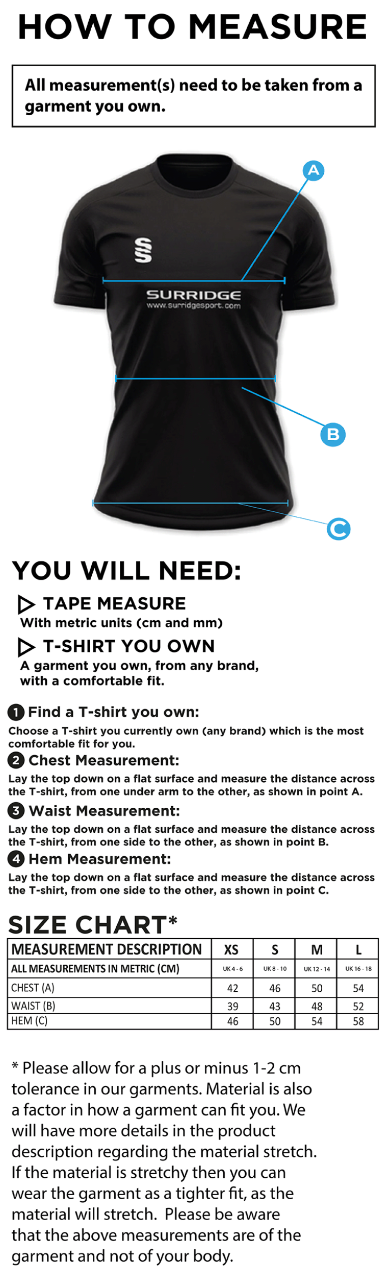 QMU - Impact T-Shirt - Royal - Women's Fit - Size Guide