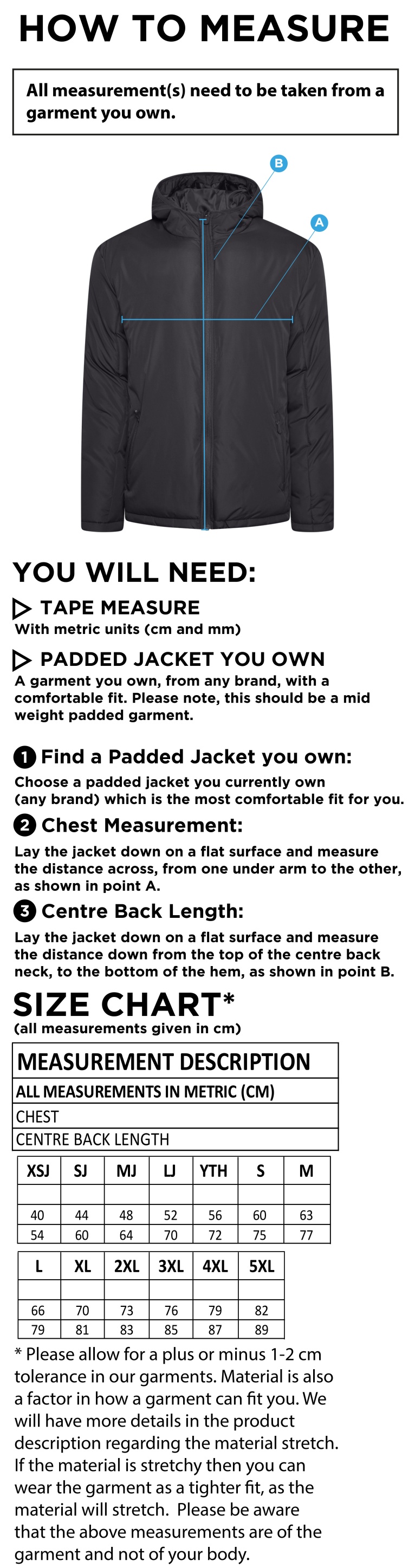 QMU - Active Padded Jacket - Unisex Fit - Size Guide