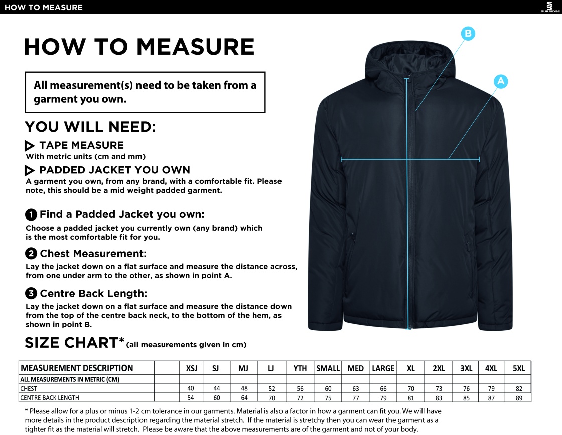 QMU - Active Padded Jacket - Unisex Fit - Size Guide
