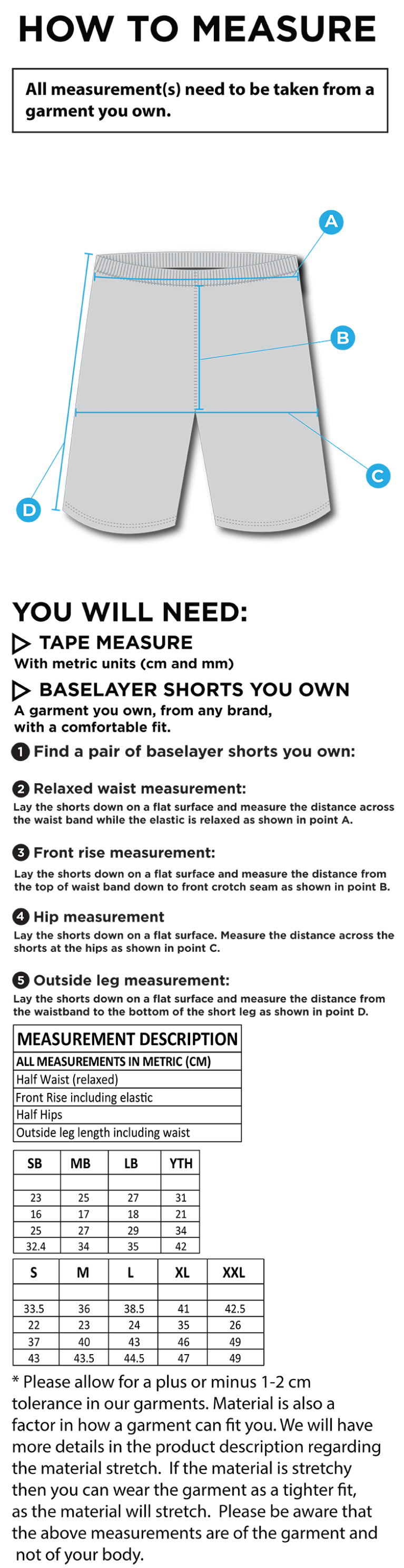 QMU - Dual Baselayer Short - Unisex Fit - Size Guide