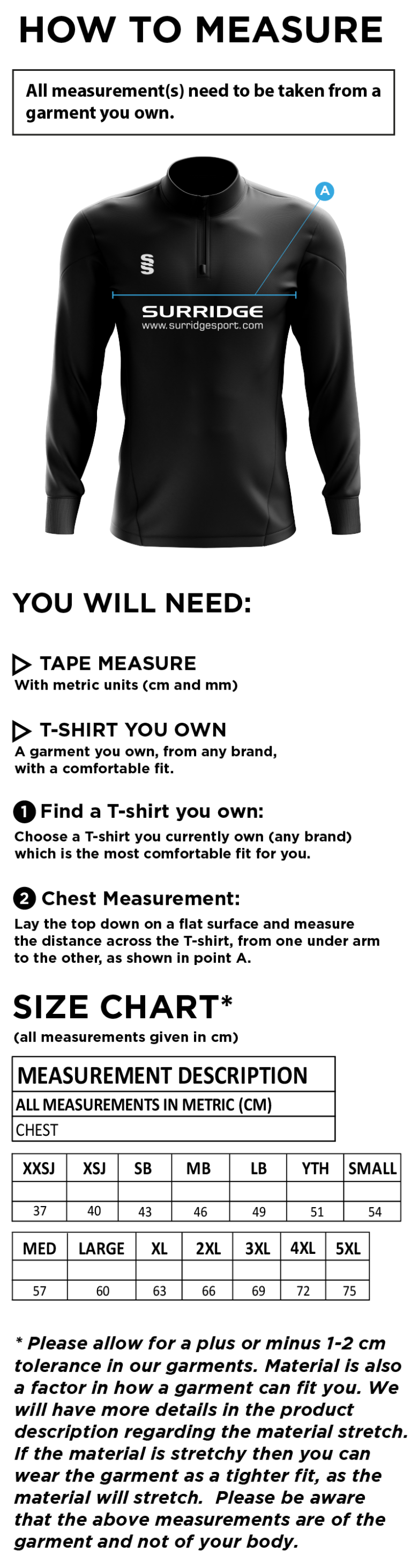 QMU - Performance Top - Royal - Unisex Fit - Size Guide