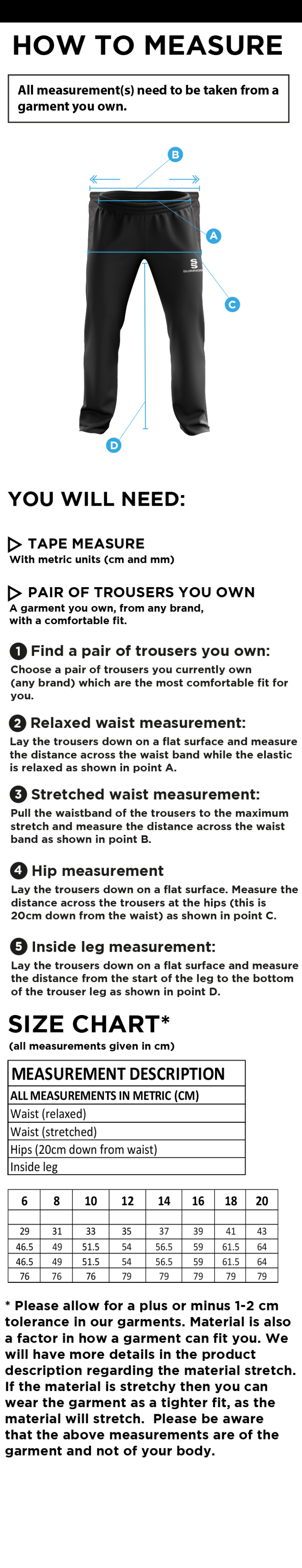 QMU - Dual Poplin Track Pant with Lycra - Women's Fit - Size Guide