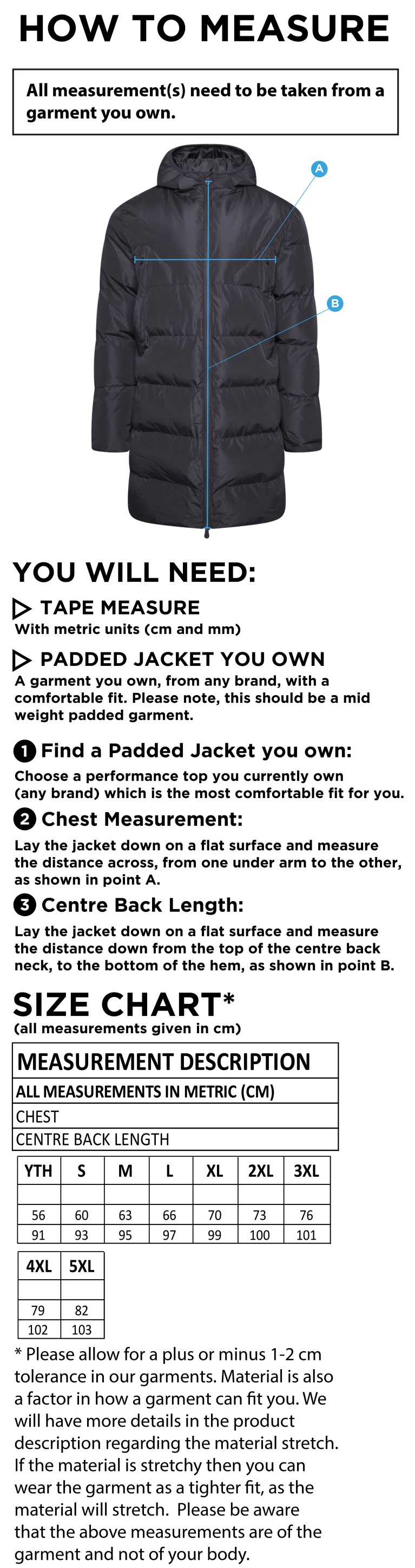 QMU - Active Long Padded Jacket - Unisex Fit - Size Guide