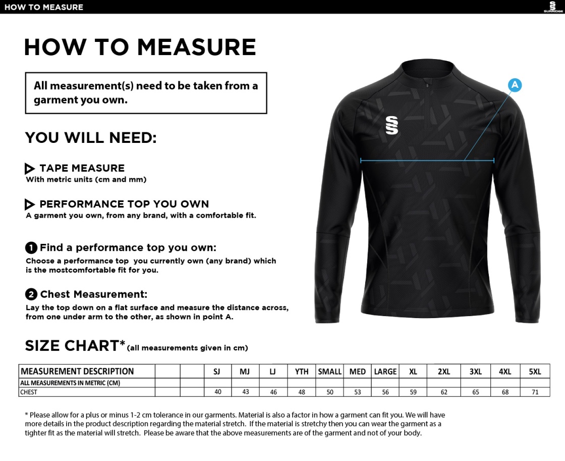 QMU - Impact 1/4 Zip Performance Top - Navy - Unisex Fit - Size Guide