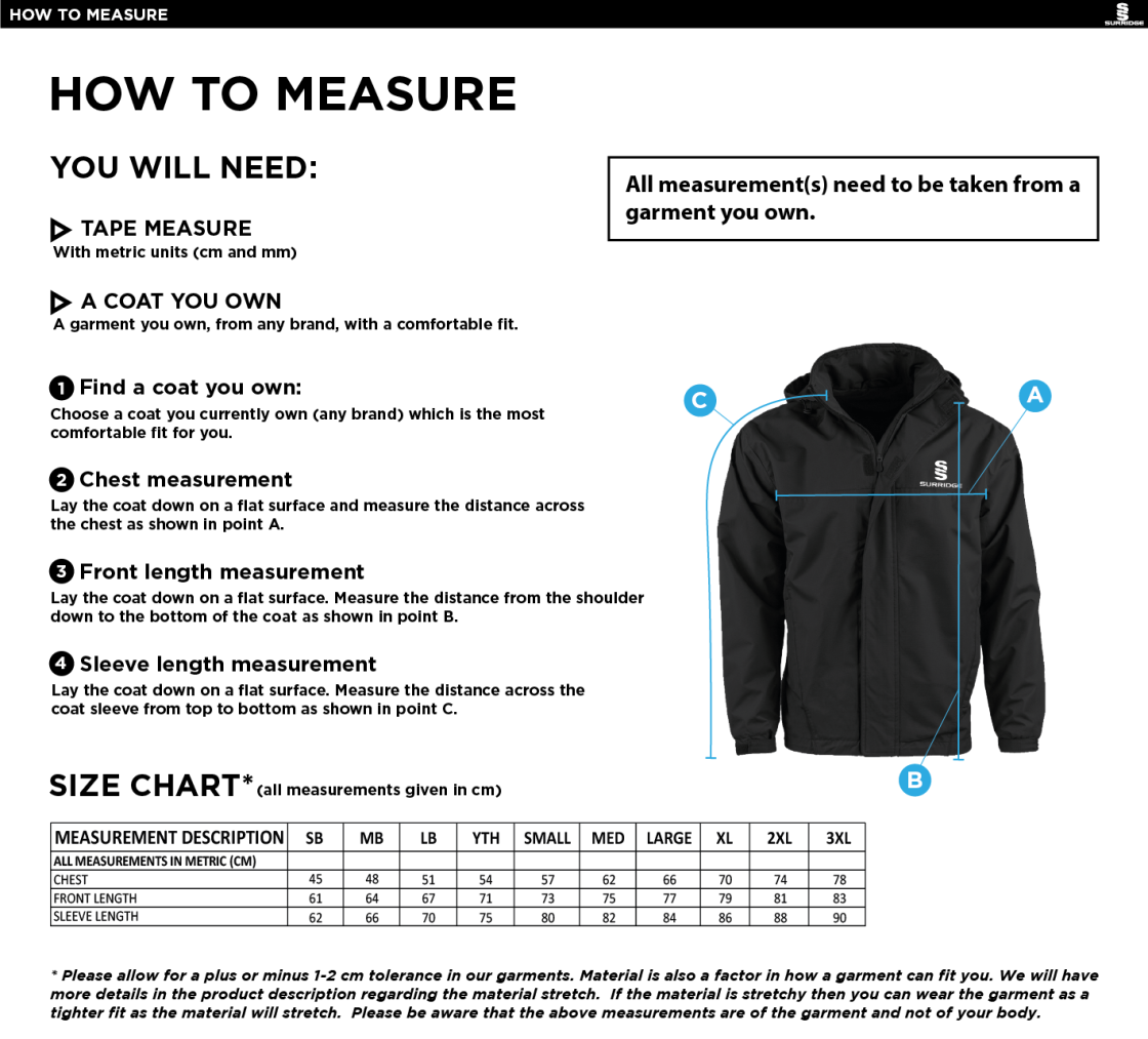 QMU - Lined Jacket - Unisex Fit - Size Guide