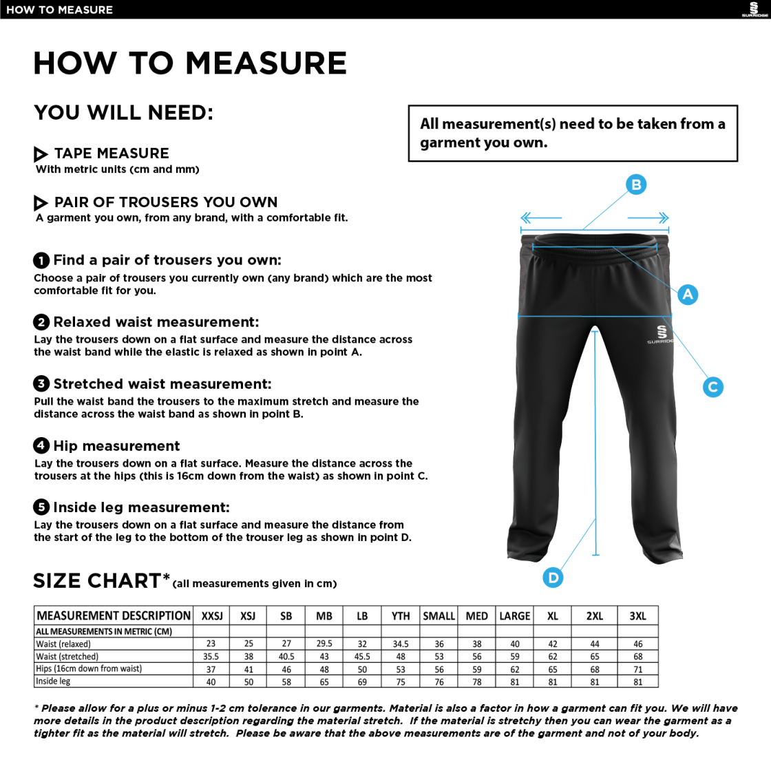 QMU - Men's Poplin Track Pants - Size Guide