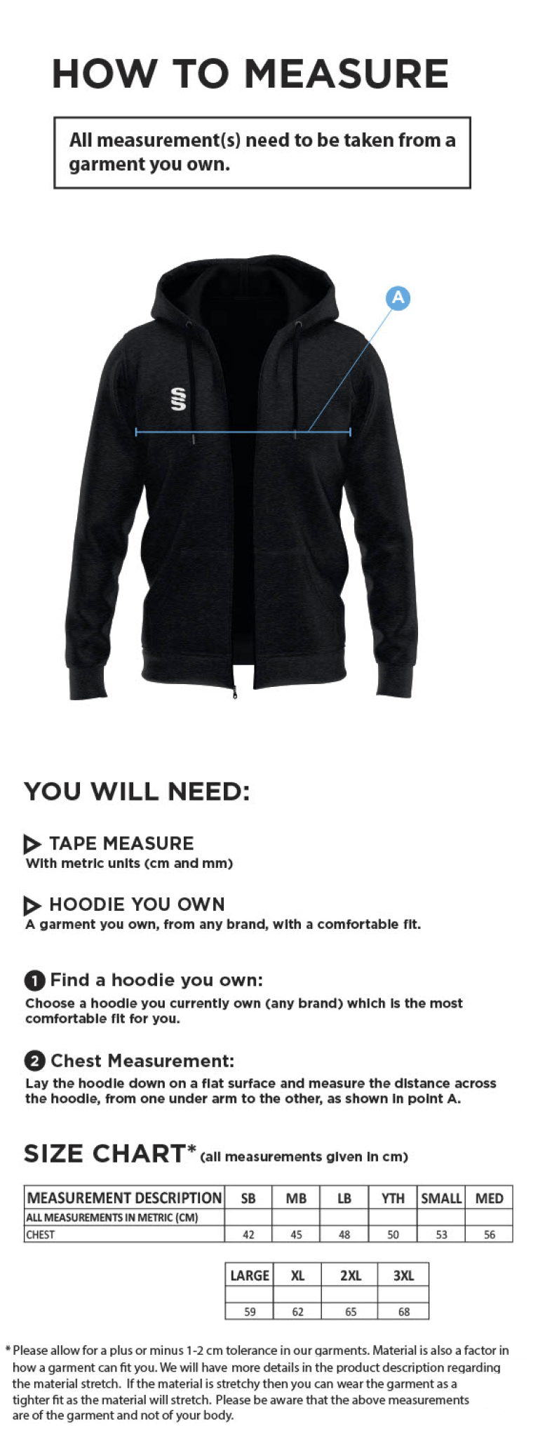 QMU - Full Zip Hoody - Royal - Unisex Fit - Size Guide