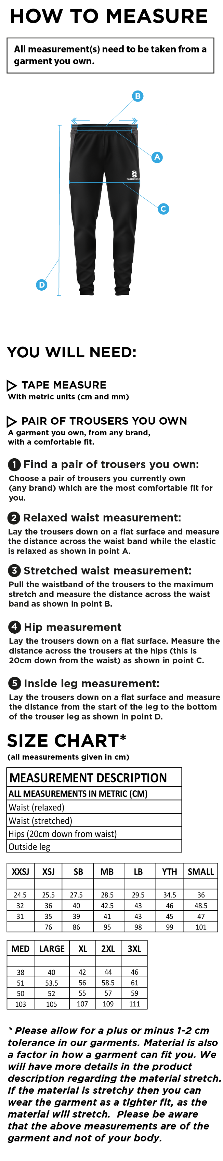 QMU - Tek Pants - Unisex Fit - Size Guide