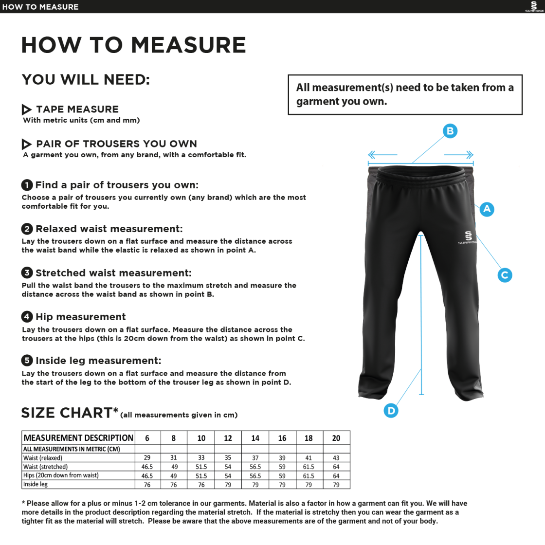 QMU - Dual Poplin Track Pant with Lycra - Women's Fit - Size Guide