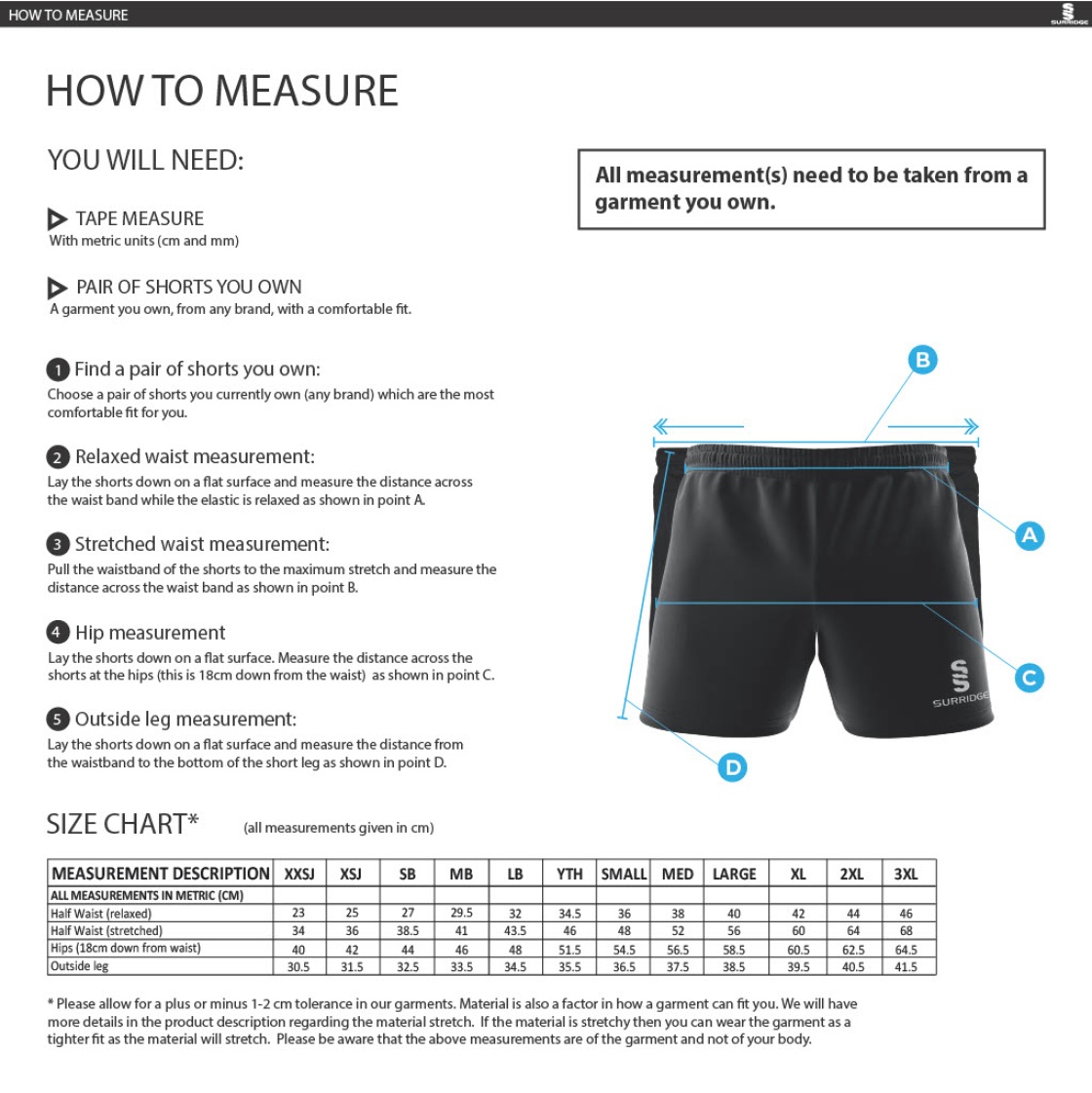 QMU - Premier Rugby Short - Unisex Fit - Size Guide