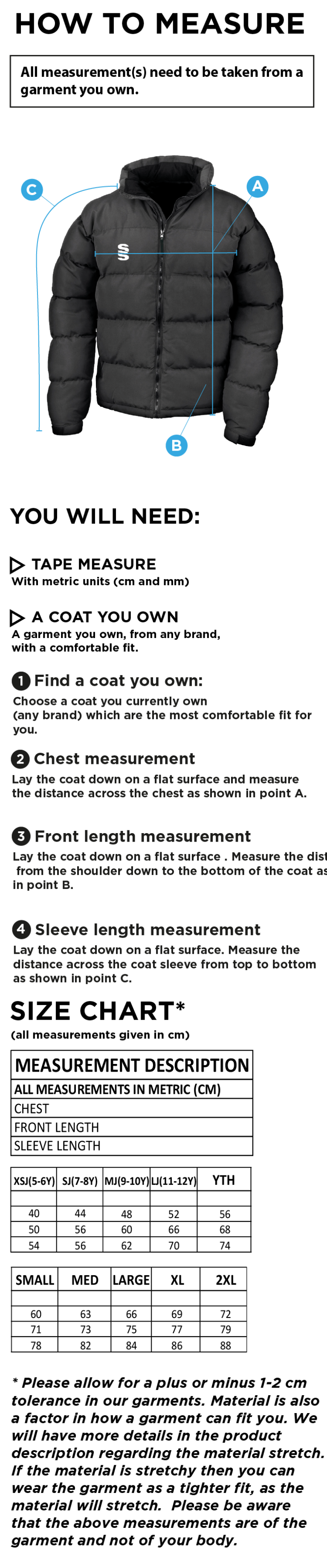 QMU - Puffa Jacket - Unisex Fit - Size Guide