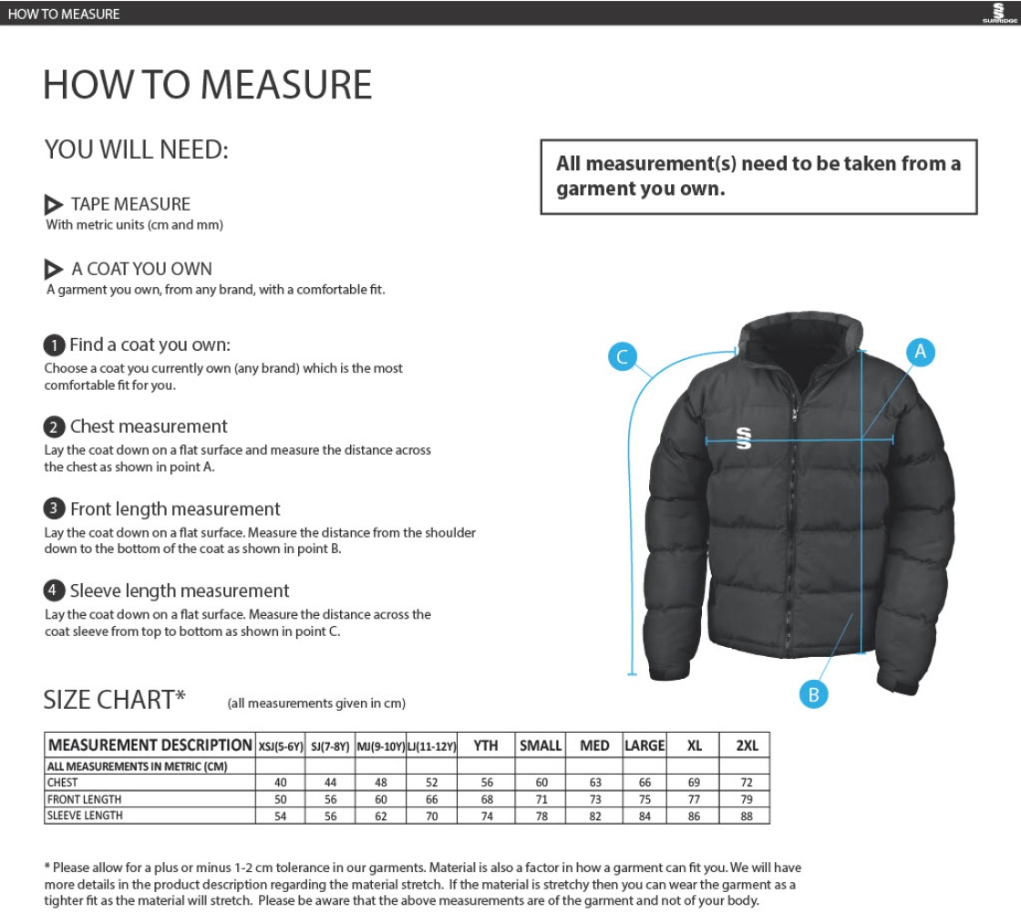 QMU - Puffa Jacket - Unisex Fit - Size Guide