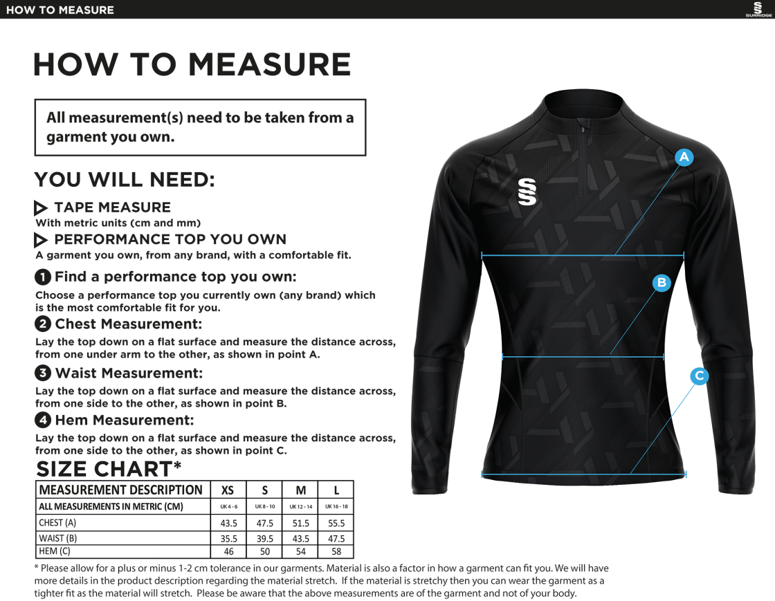 QMU - Impact 1/4 Zip Performance Top - Navy - Women's Fit - Size Guide