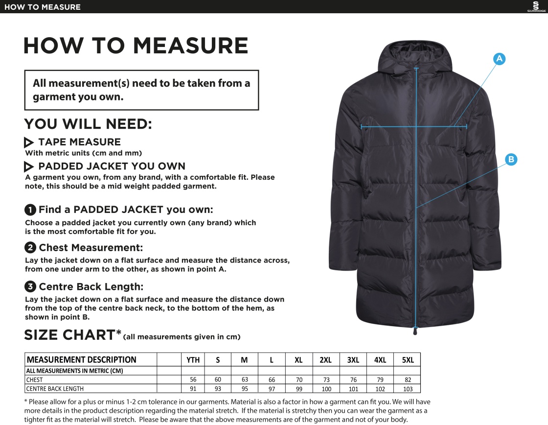 QMU - Active Long Padded Jacket - Unisex Fit - Size Guide