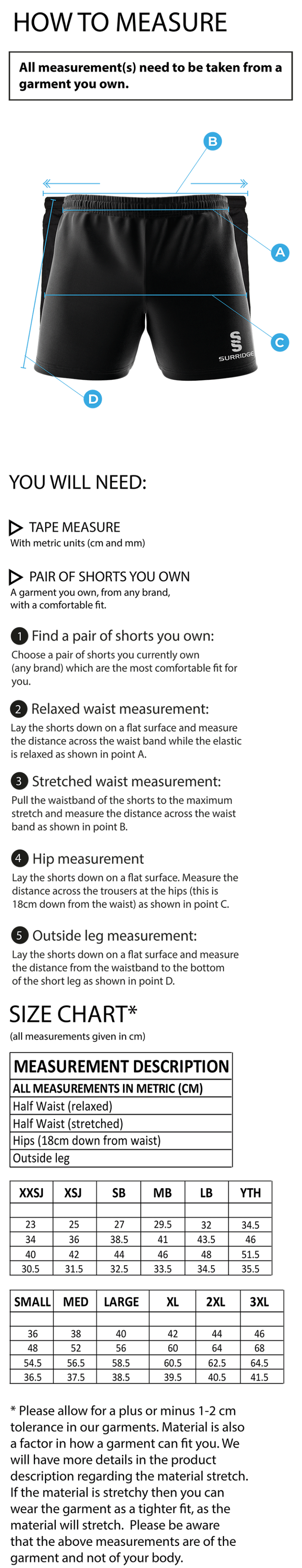 QMU - Premier Rugby Short - Unisex Fit - Size Guide