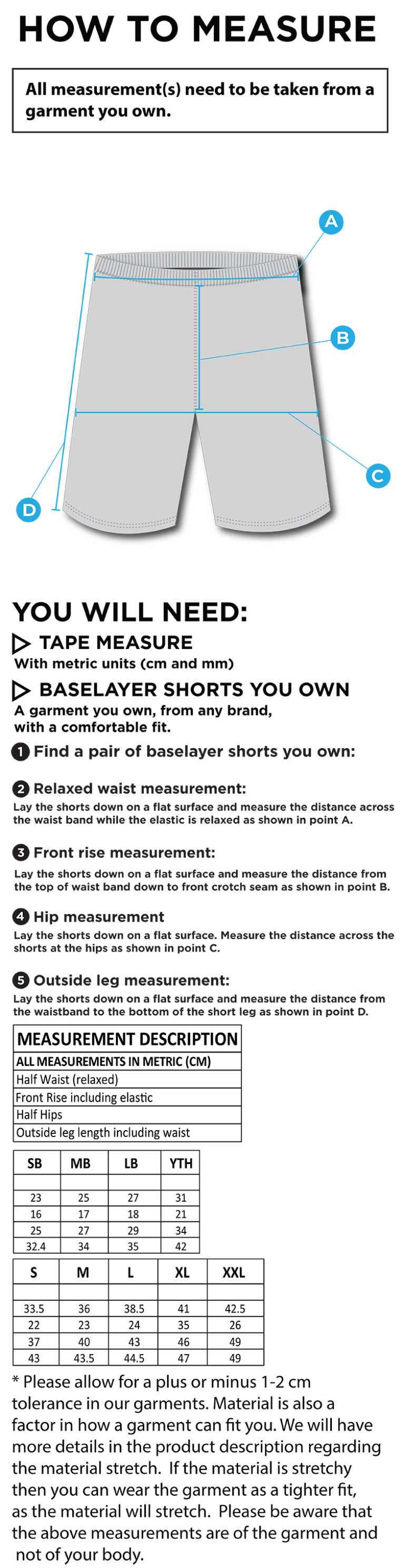 QMU - Dual Baselayer Short - Unisex Fit - Size Guide