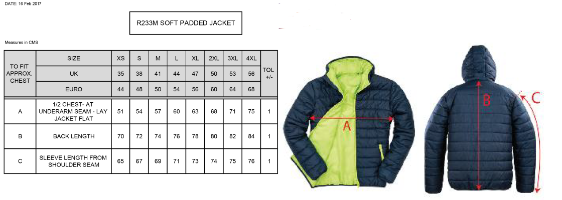 QMU - Padded Jacket - Unisex Fit - Size Guide
