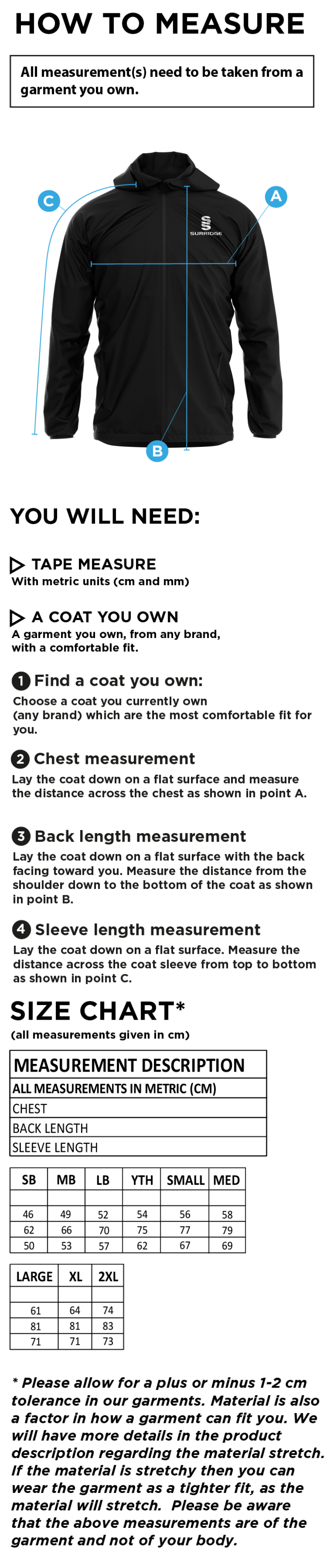 QUM - 1/4 Zip Hoodie / Rain Jacket - Size Guide