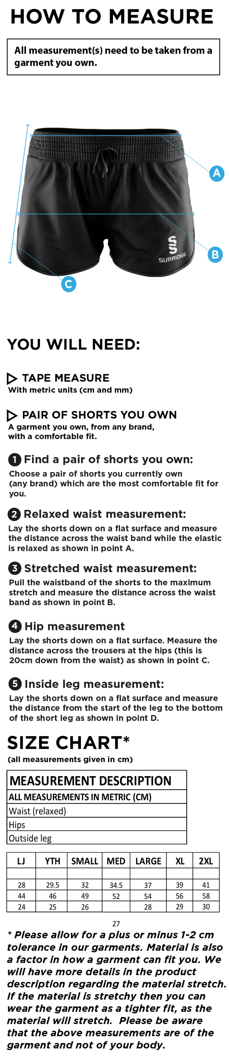 QMU - Active Shorts - Women's Fit - Size Guide
