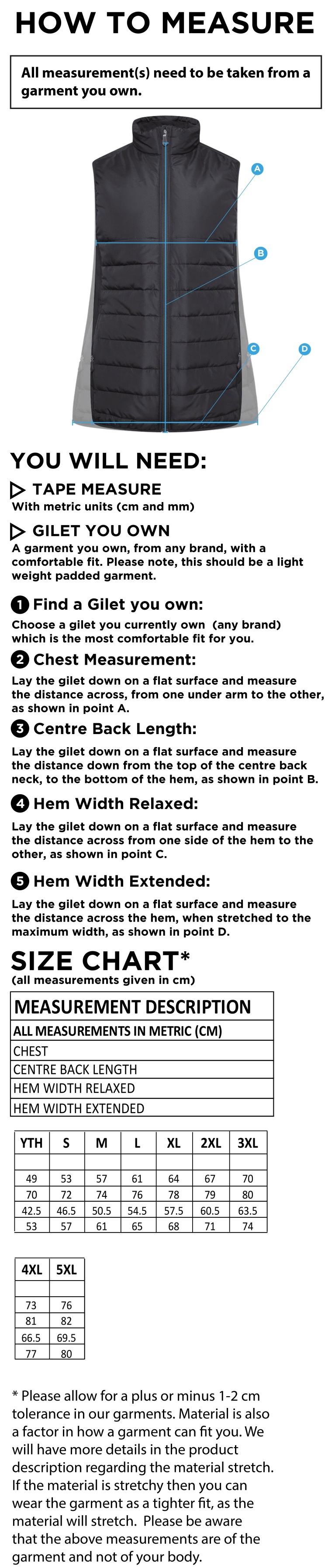 QMU - Active Gilet - Unisex Fit - Size Guide