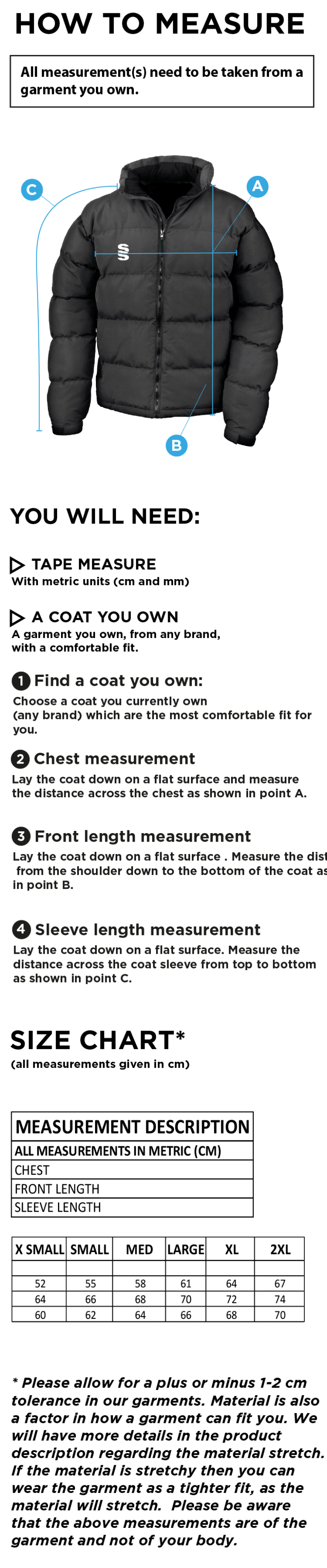 QMU - Puffa Jacket - Women's Fit - Size Guide